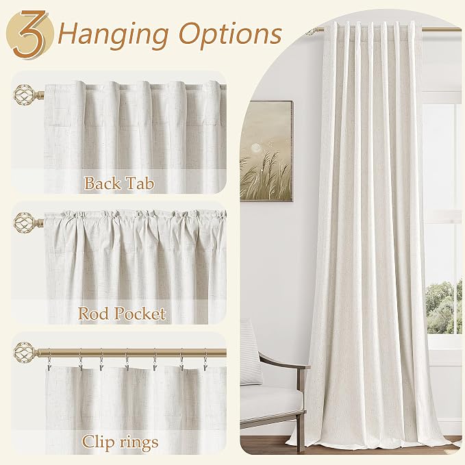 Beige White 100% Blackout Linen Curtains 84 Inch Length 2 Panels Set - Image 6
