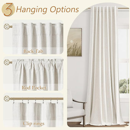 Beige White 100% Blackout Linen Curtains 110 Inch Length 2 Panels Set - Image 5