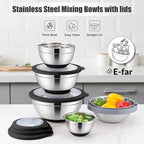 E-far Mixing Bowls with Lids Set, 15PCS Stainless Steel Mixing Nesting Bowl with Colander & 3 Metal Grater for Kitchen Prep/Baking/Storage, Non-Slip Bottom & Airtight Lid, 4.6, 3, 1.5, 1, 0.7QT, Black