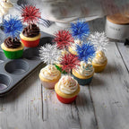 30 PCS Foil Firework Cupcake Toppers Sparkle Tinsel Cupcakae Picks 4th of July Decorations Cocktail Fruit Toothpick for Fireworks Theme Birthday Wedding Graduation Party Decor Supplies Blue Red Silver