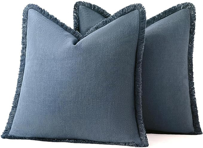 MIULEE Linen Fringe Decorative Euro Throw Pillow Covers Blue Ashes 26x26 | Set - Image 7