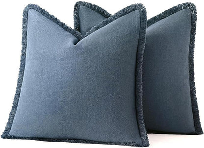 MIULEE Linen Fringe Decorative Euro Throw Pillow Covers Blue Ashes 22x22 | Set - Image 7