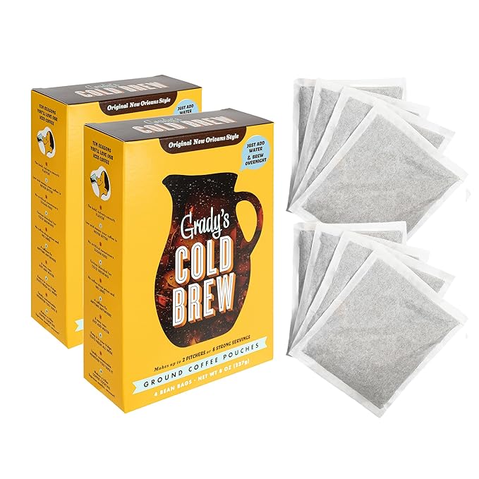 GRADY’S COLD BREW, New Orleans Style, 100% Arabica Ground Coffee & Chicory Pouches, TWO Boxes of Four Easy-to-Brew Bean Bags, Makes 24 drinks