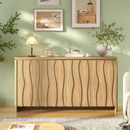 Fluted Cabinet with 3D Ripple Doors, 57.9" W Storage Cabinet with Adjustable by FiveWillowise