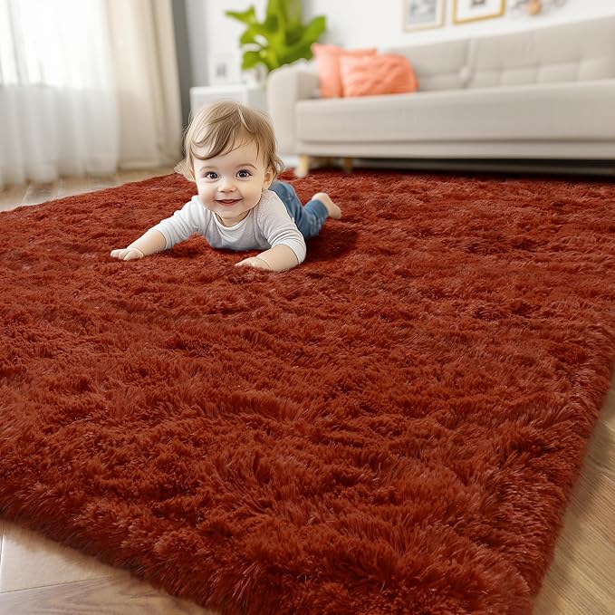 Amdrebio Terracotta Rust Furry Kids Area Rug 4x6 by Amdrebio