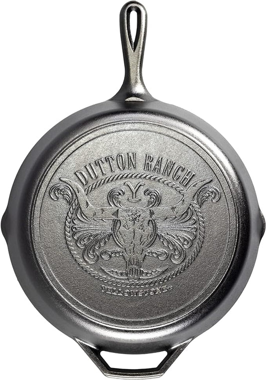 Lodge Pre-Seasoned Yellowstone Stamped Cast Iron Cookware - Signature Teardrop Handle - Use in the Oven, on the Stove, on the Grill, or Over a Campfire - 12 Inch Logo Skillet