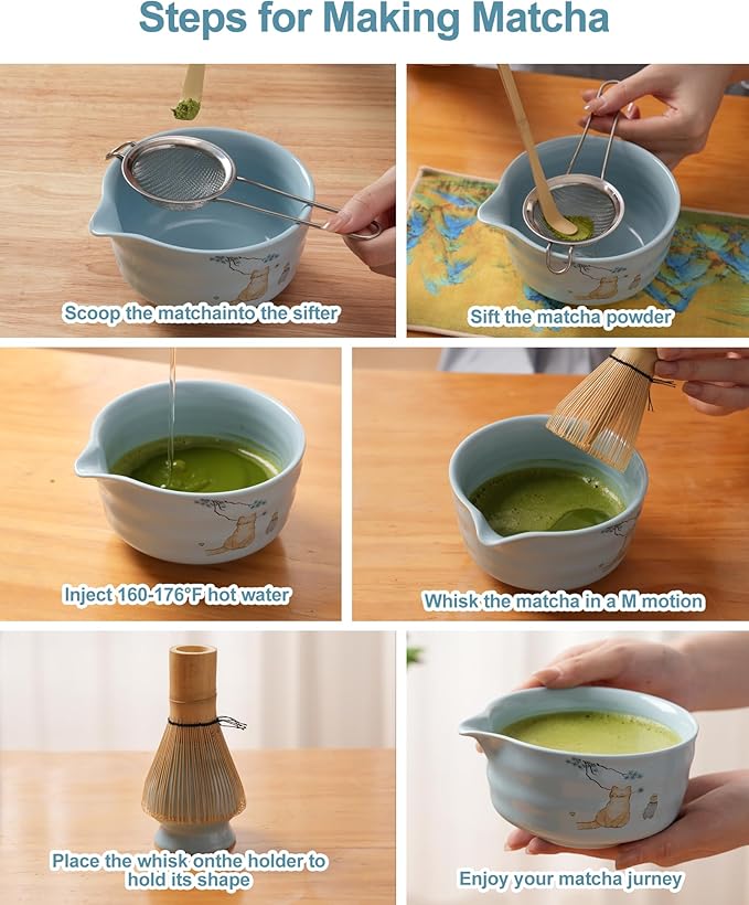 Matcha Set, Japanese Tea Set Includes Matcha Bowl, Matcha Whisk and Holder, Bamboo Scoop, Scoop Rest, Sifter and Tea Towel-7 Pcs, Ceramic Matcha Kit for Tea Lovers (Blue)