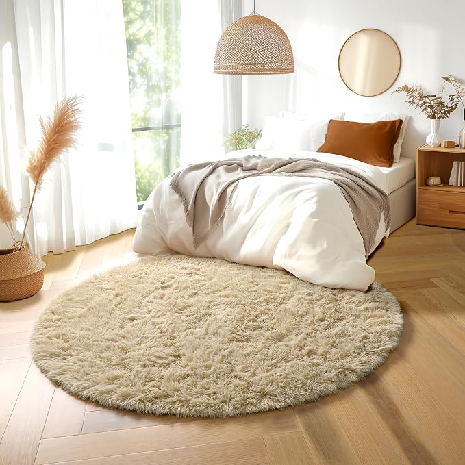 Amdrebio Beige Boho Round Circle Fluffy Area Rug 4Ft - Image 4