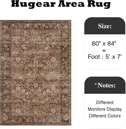 5x7 Brick Red Vintage Floral Washable Area Rug - Image 2