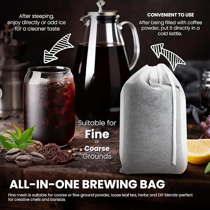 120 Count Cold Brew Coffee Filter Bags – 4x6 Inch Disposable Fine Mesh Drawstring Tea & Coffee Pouches – Fits 64oz Mason Jar, Tear-Resistant, Made from Natural Materials
