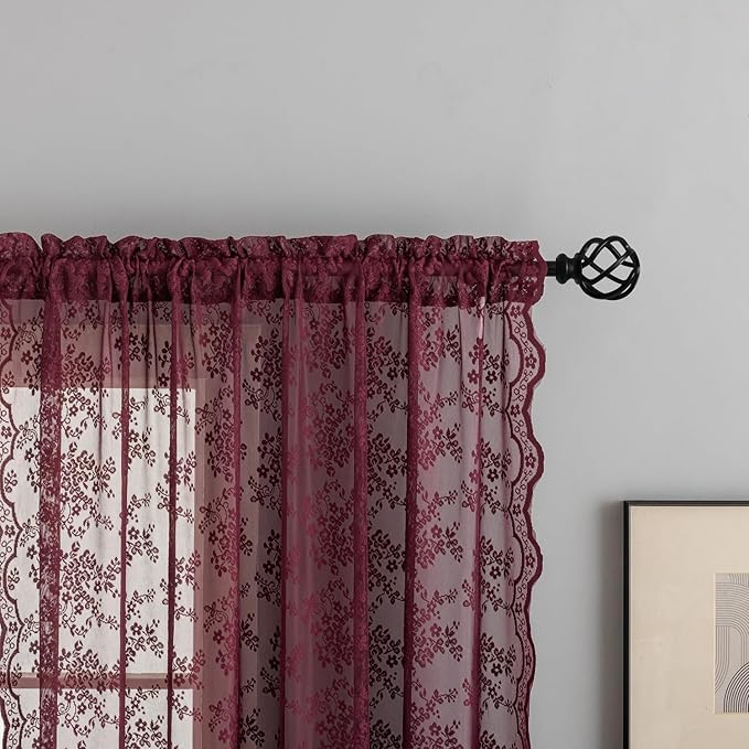 YJ YANJUN Vintage Lace Curtains 84 Inches Long- Elegant Floral Maroon Sheer - Image 3