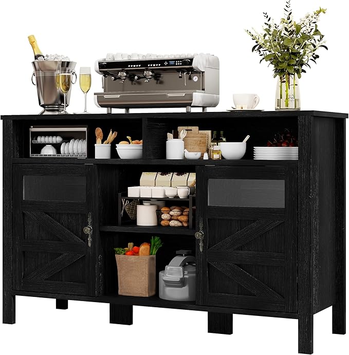 YITAHOME Buffet Cabinet with Drawers, 59" Large Sideboard Buffet Storage Cabinet with Shelves and Doors, Modern Farmhouse Coffee Bar Station Wood Kitchen Table for Kitchen, Dining Room, Black