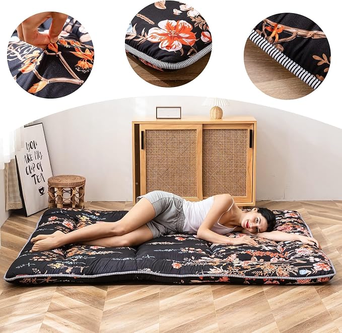 MAXYOYO Black Floral Japanese Futon Floor Mattress, Mattress Topper Portable - Image 3