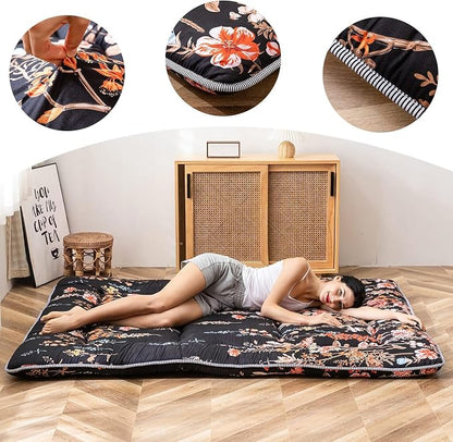 MAXYOYO Black Floral Japanese Futon Floor Mattress, Mattress Topper Portable - Image 3