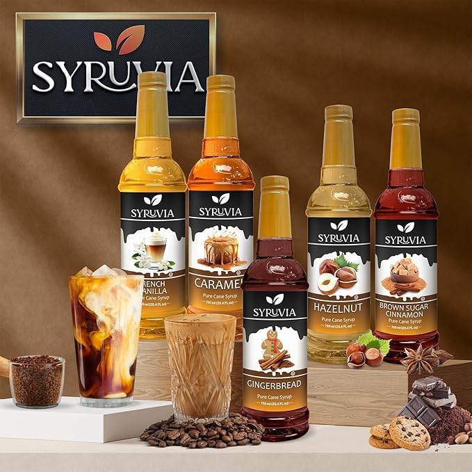 Syruvia Cane Sugar Sweetener Coffee Syrup - 25.4 fl oz. Premium Coffee Flavoring Syrup. Kosher and Gluten-Free. Perfect for Enhancing Drinks, Sodas, Shakes, Desserts, and More.
