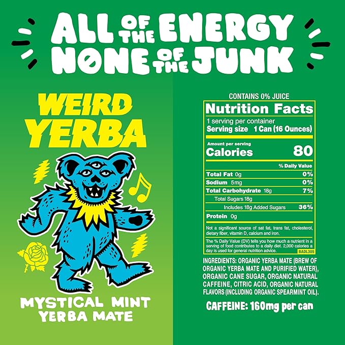 Drink Weird Organic Mystical Mint Yerba Mate – 16oz Cans, 160mg Organic Caffeine, Pack of 12 – Grateful Dead Collab, Clean Energy Drink Alternative