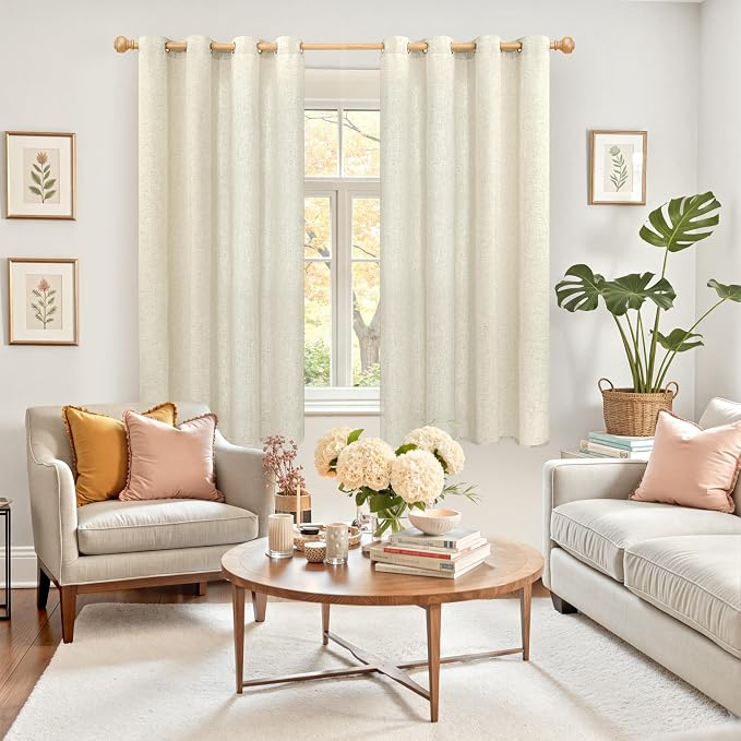 YoungsTex Beige Linen Semi Sheer Curtains 54 Inches Length - Image 2