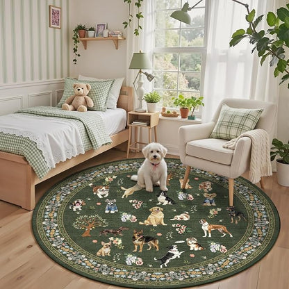 4Ft Round Dogs Area Rug for Living Room Bedroom | Stain Resistant; Non Slip; - Image 3
