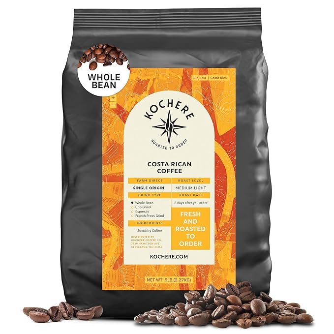Costa Rican Whole Bean Coffee Medium Roast - 5LB, Single Origin Arabica Coffee Beans from Alajuela, Specialty Grade Fair Trade & Non-GMO, Sweet and Fruity Notes - Freshly Roasted To Order By Kochere