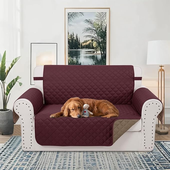 Reversible Loveseat Couch Sofa Covers, Burgundy | Loveseat Covers - Image 2