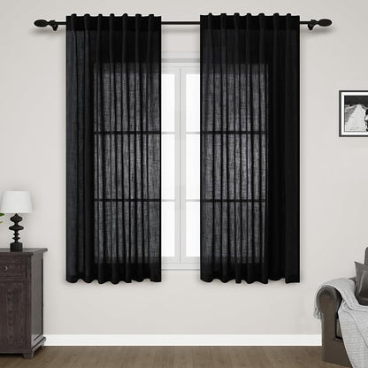 Black Linen Textured Curtains for Living Room 60 Inches Long 2 Panels Set Back by Nanspring