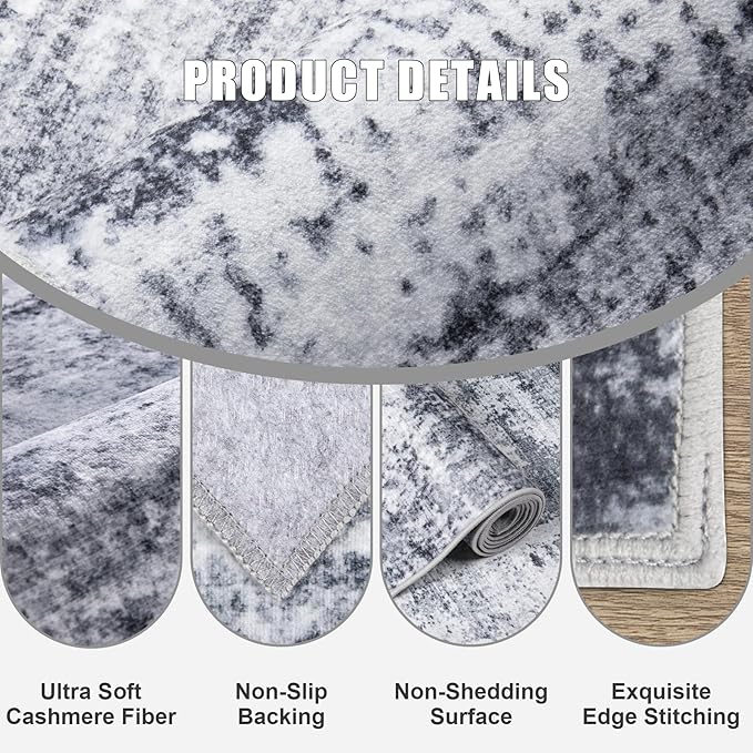 2.6x8 Washable Runner Rug：Modern Abstract Kitchen Soft Carpet Grey | - Image 6