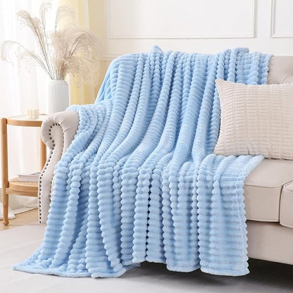 Light Blue Throw Blanket for Couch Sofa 60x80 inches Striped Design | Fleece - Image 4