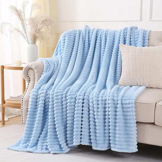 Light Blue Throw Blanket for Couch Sofa 50x60 inches Striped Design | Fleece - Image 2