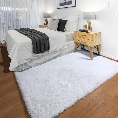 White Area Rugs for Bedroom Living Room, Fluffy 4x6 Soft Shag Plush Bedside Rug by ONASAR