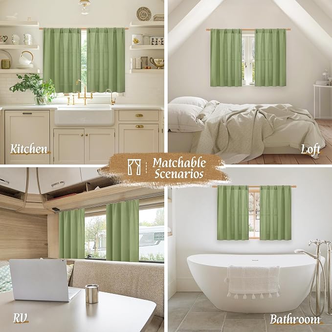 Semi Sheer Bedroom Linen Curtains 48 Inch Length 2 Panels, Sage Green | Light - Image 6