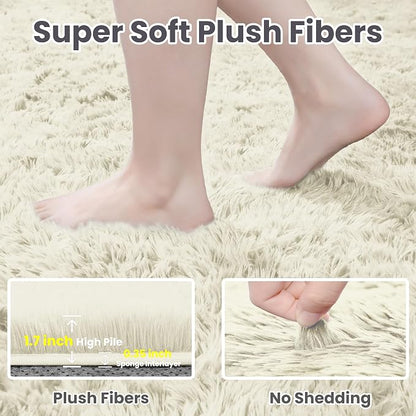 4x6 Fluffy Shag Area Rugs for Living Room Bedroom: Soft Carpet Cream White | - Image 5
