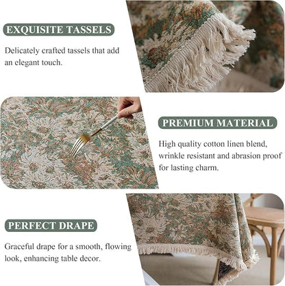 VClife Aesthetic Green and Beige Floral Table Cloth, Linen Texture Table Cloth - Image 5