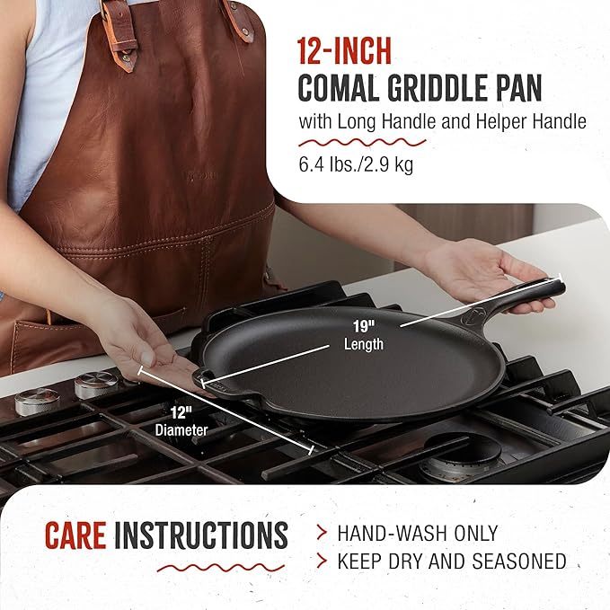 Victoria 12-Inch Cast Iron Comal Pizza Pan with a Long Handle and a Loop Handle, Preseasoned with Flaxseed Oil, Made in Colombia