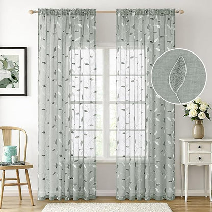 MIULEE Sage Sheer Curtains 2 Panels Embroidered Leaf Patterned, W52 x L84 | - Image 3