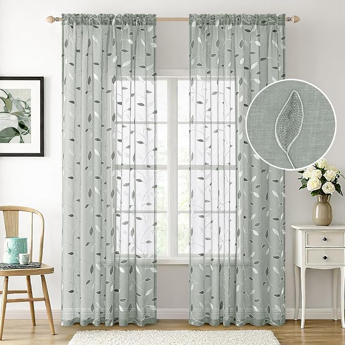 MIULEE Sage Sheer Curtains 2 Panels Embroidered Leaf Patterned, W52 x L96 | - Image 3