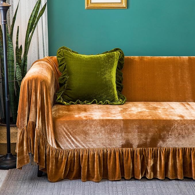 Velvet Sofa Cover Soft Decorative Luxurious Solid Exquisite Ruffle Trim - Image 4
