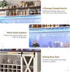 63"W Farmhouse Coffee Bar Cabinet with LED Light,Wine Bar Cabinet w/ 4 Tier Storage Hutch,Kitchen Buffet Cabinet w/Sliding Barn Door & 15 Wine and Glass Racks for Kitchen Dining Room(Antique White)