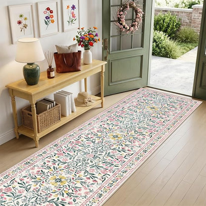 PLHXFR 3x10 Washable Runner Rug：Floral Indoor Kitchen Carpet Pink Green | - Image 2