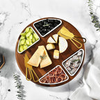 Shanik Upgraded Lazy Susan Cheese Cutting Board Set - Round Acacia Charcuterie Board With 4 Ceramic Bowls - Wedding Gifts - Cheese Serving Platter - Bridal Shower