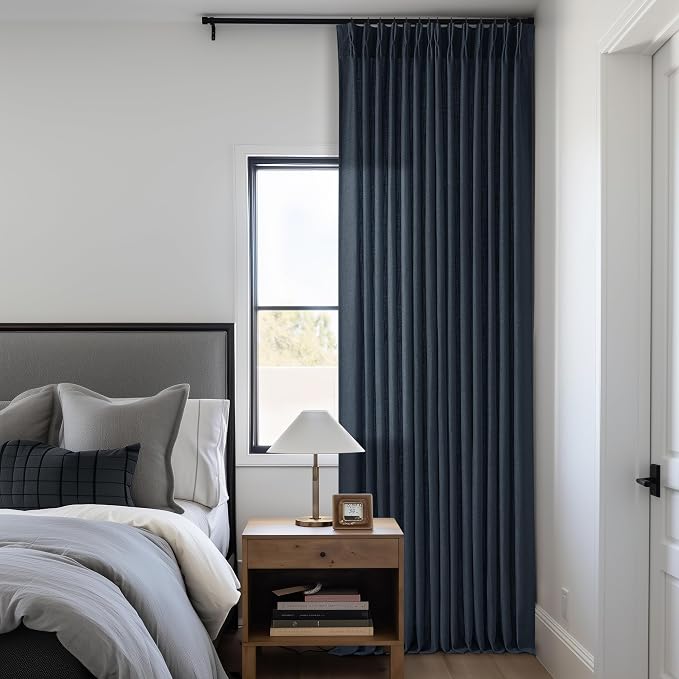 Navy 90 Inch Linen Semi Sheer Curtains Pinch Pleated 2 Panels | Light Filtering - Image 8