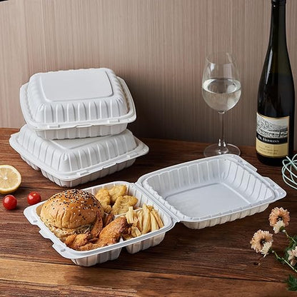 FULING 9X9 3 Compartment 50-Pack Plastic Clamshell Take Out Food Containers, Heavy Duty Disposable To-go Box For Cake, Sandwich, Salad, Dessert