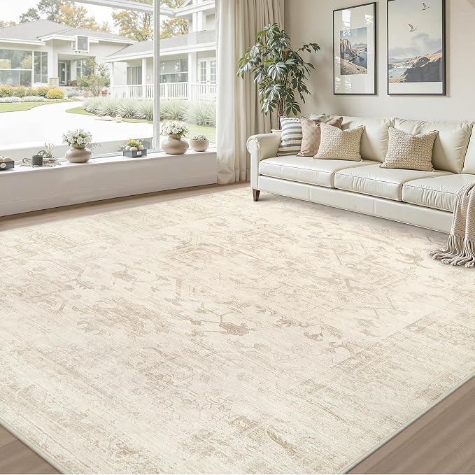 Area Rugs 9x12 Living Room: Bedroom Washable Carpet Beige/Brown | Large Vintage - Image 9