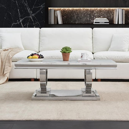 Henf 47" Marble Coffee Table Modern White Faux Marble Center Table - Image 4