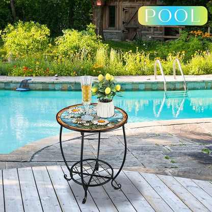Cinnvoice Outdoor Side Table Round Small Mosaic Patio Accent Indoor End Plant - Image 6