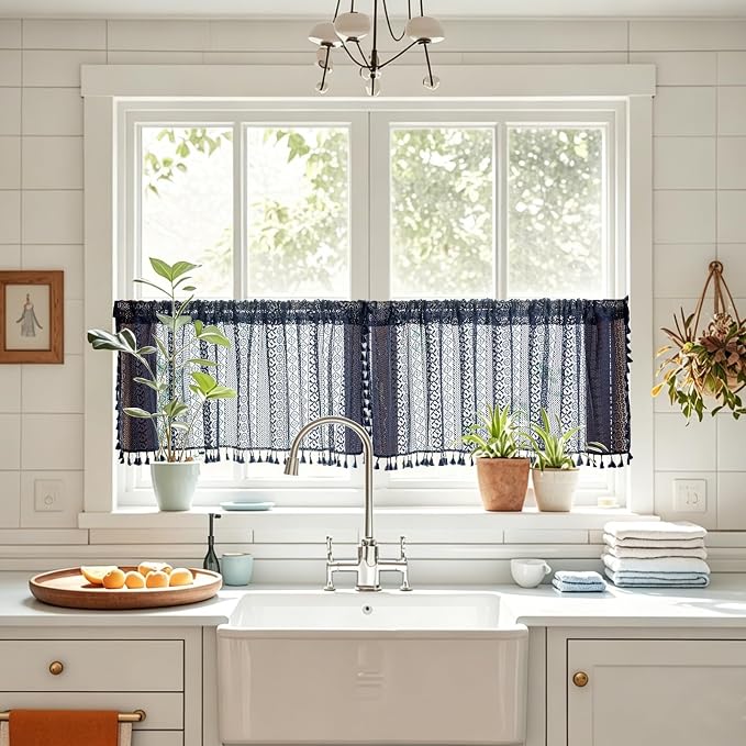 Sutuo Home Navy Blue Boho Curtains Valance 18 Inches Long - Image 2