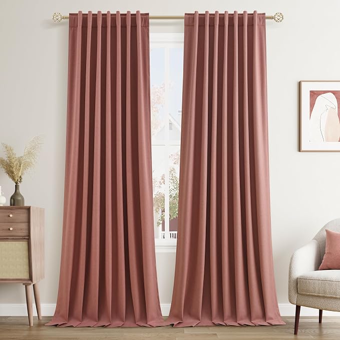 Dusty Rose 100% Blackout Linen Curtains 102 Inch Length 2 Panels Set by Guken