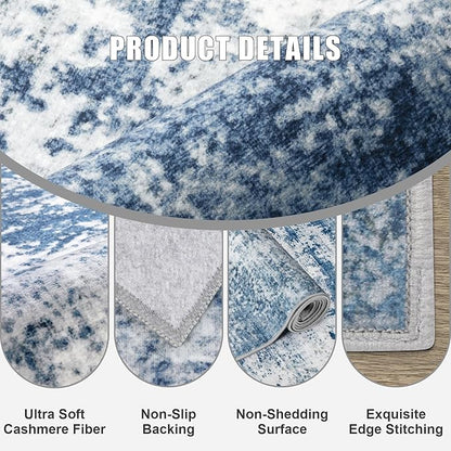 Round Area Rug Living Room: 6 ft Modern Washable Carpet Blue | - Image 5