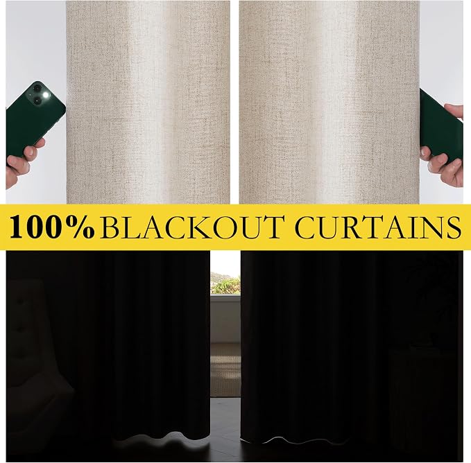 NICETOWN Oatmeal Full Blackout Boho-Chic Linen Curtains 84 inch Long 2 Panels - Image 3