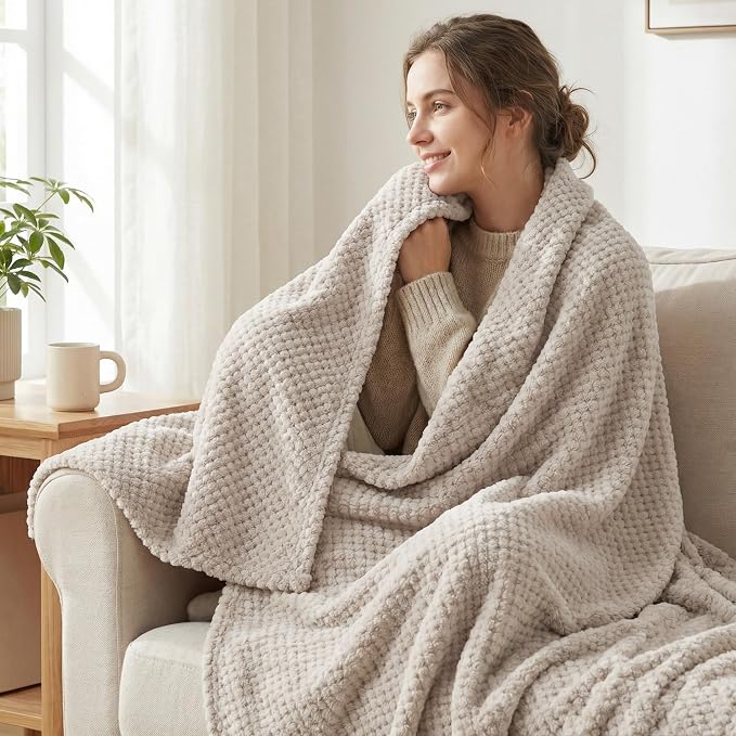 Exclusivo Mezcla Soft Waffle Fleece Bed Blanket Twin Size, Tan | Lightweight - Image 2