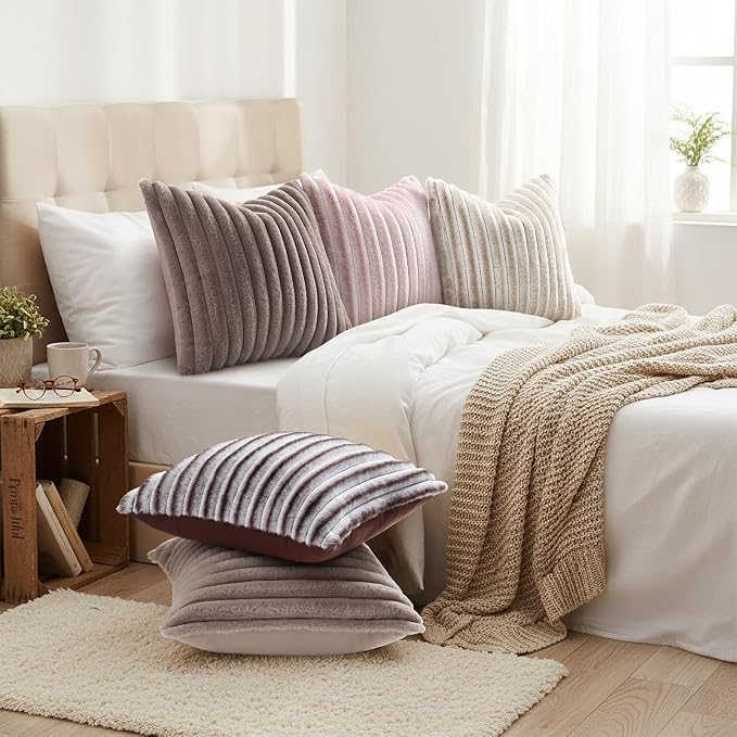 decorUhome Fall Faux Fur Throw Pillow Covers 18x18 Set of 2 Light Coffee | - Image 6